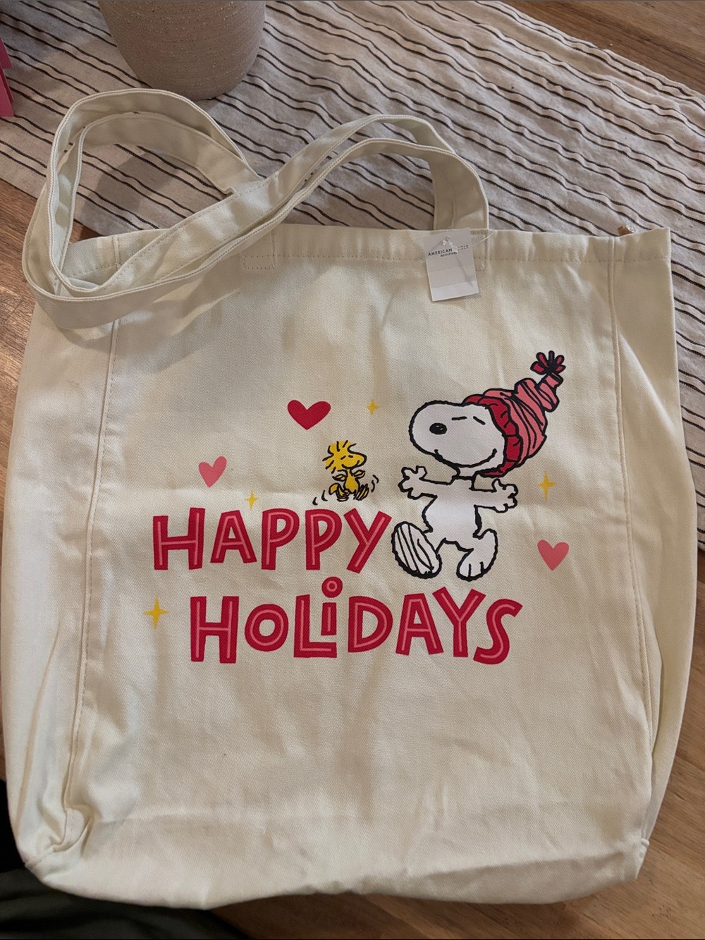 American Eagle Outfitters Cream Tote with Red and Pink Holiday Snoopy Graphic